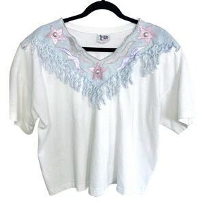 VTG Cactus California Western Fringe T-Shirt White Denim Coastal Cowgirl OS Rare